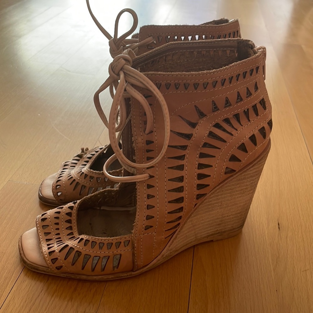 Jeffrey Campbell - Size 6 - zip back, tie front wedges - tan / beige